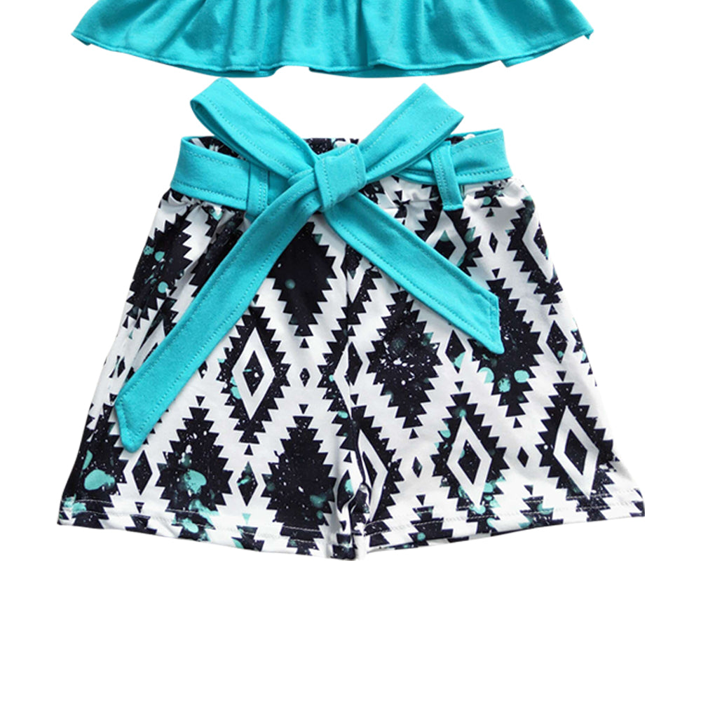 Baby Girls Blue Strap Top Aztec Belts Shorts Sets