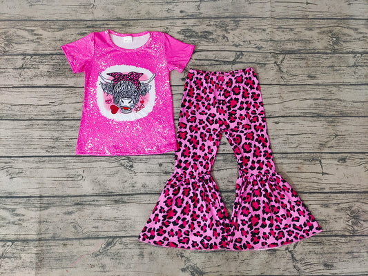 Baby Girls Valentines Highland Cow Leopard Bell Pants sets