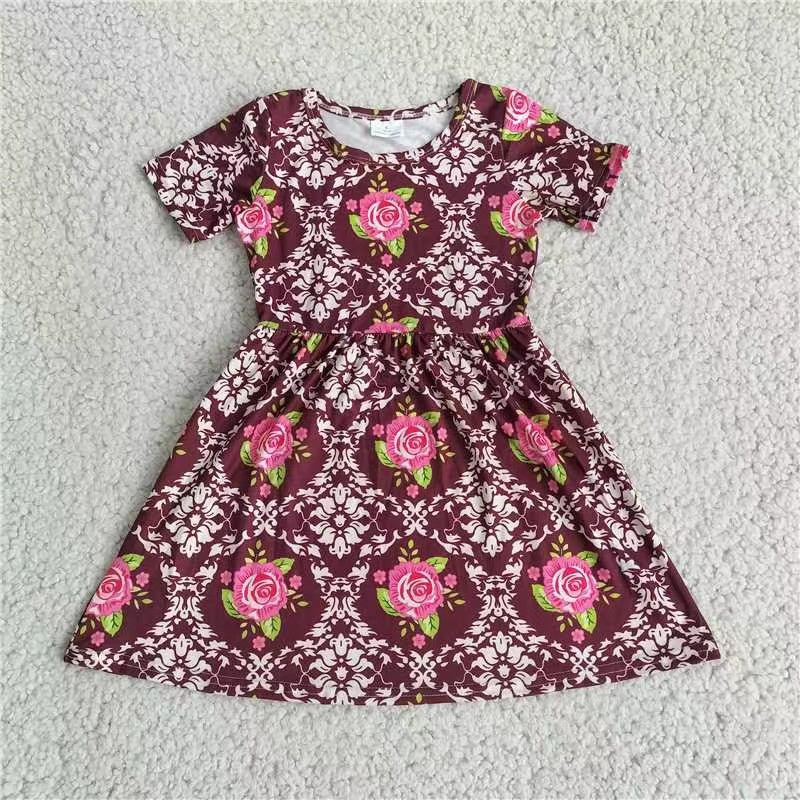 Baby girls wine flower short sleeve dresses 221206