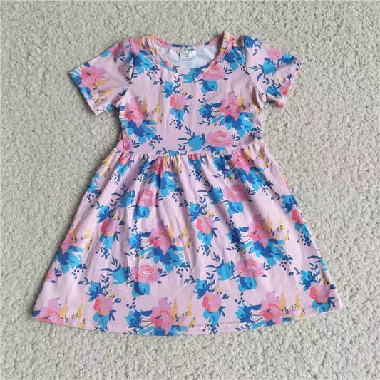 Baby girls blue flower short sleeve dresses 221207