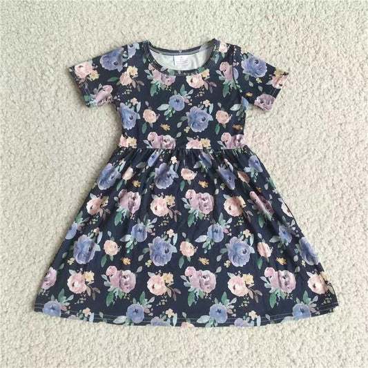 Baby girls navy flower short sleeve dresses 221207