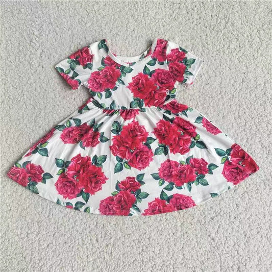 Baby girls red flower short sleeve dresses 221207