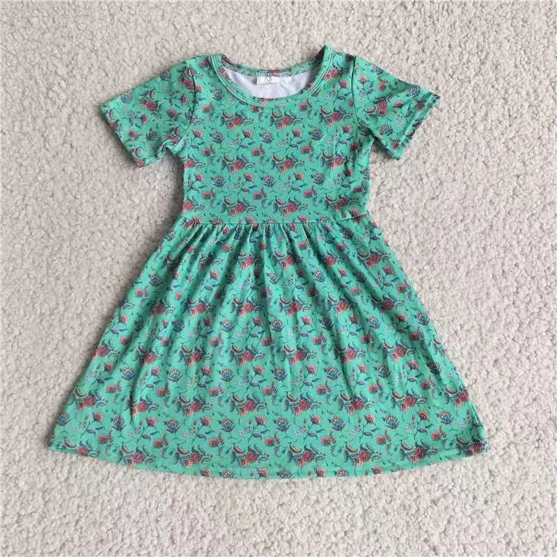 Baby girls green flower short sleeve dresses 221207