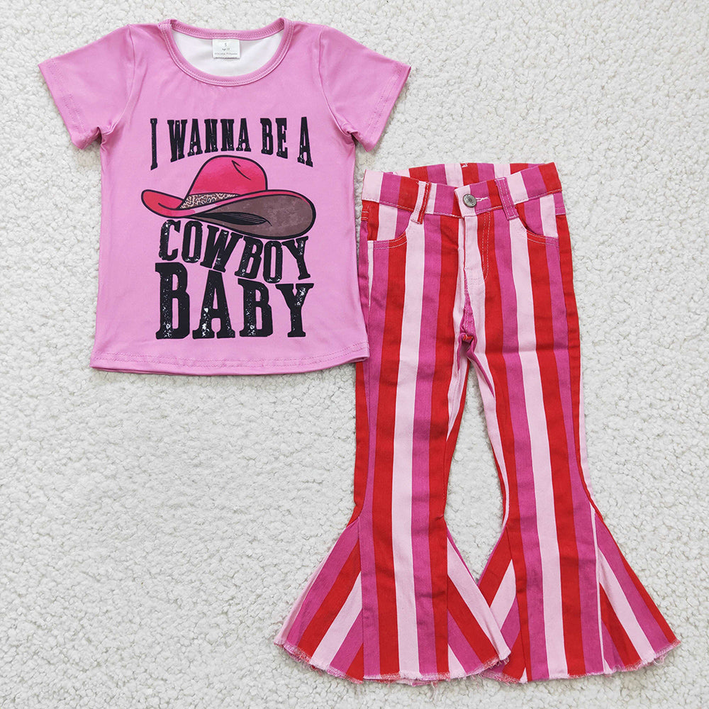 Baby Girls Cowboy Hotpink Denim Pants clothes sets