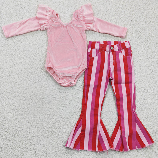 Baby Girls Pink Velvet Leotards Valentines Stripe Denim Pants Clothes Sets