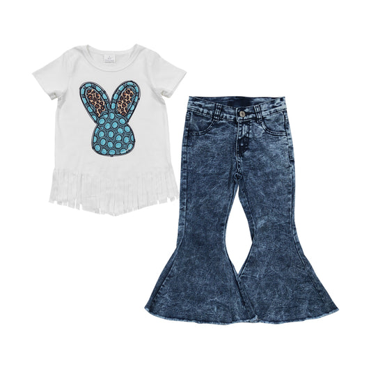 Baby Girls Easter Turquoise Bell Denim Pants Clothes Sets