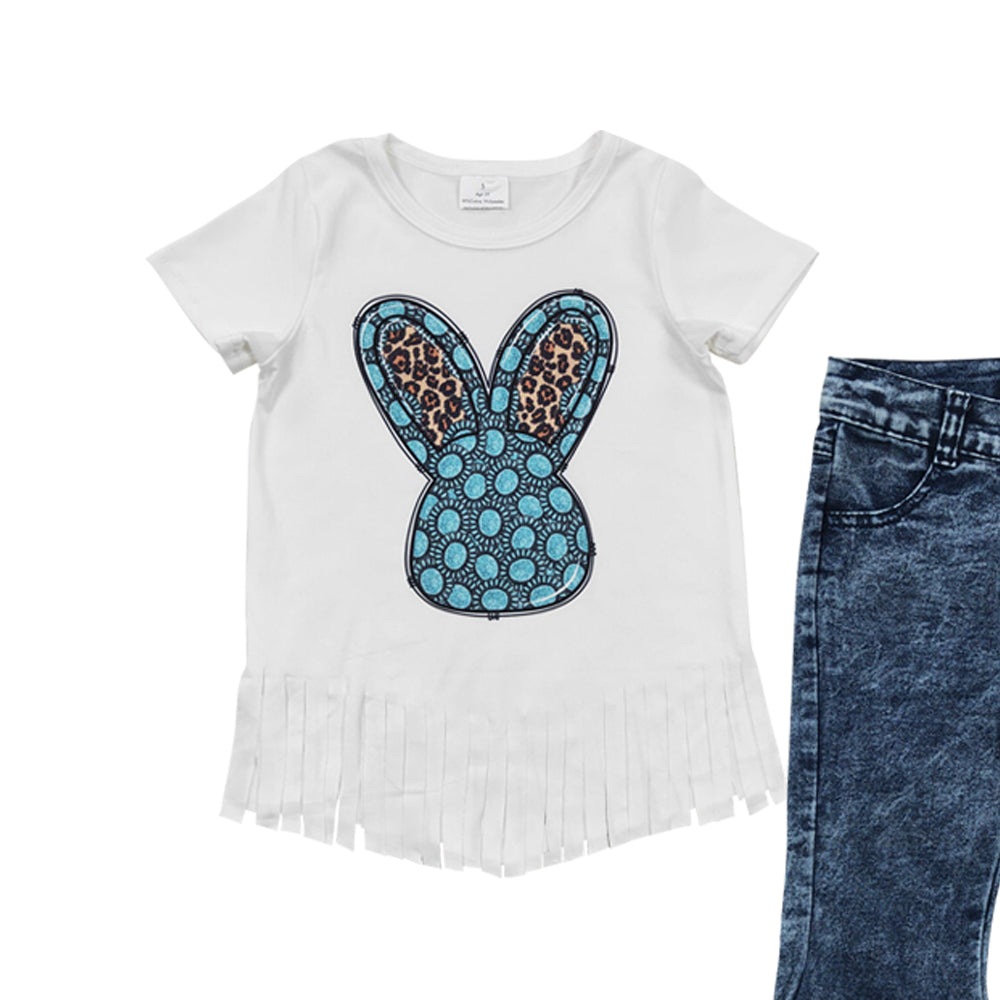 Baby Girls Easter Turquoise Bell Denim Pants Clothes Sets