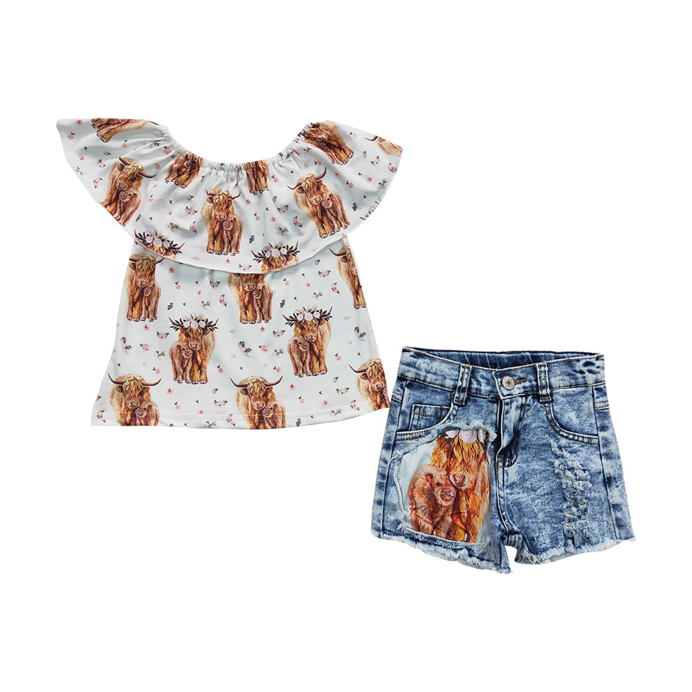 Baby Girls Cow Print Top Denim Shorts Clothes Sets