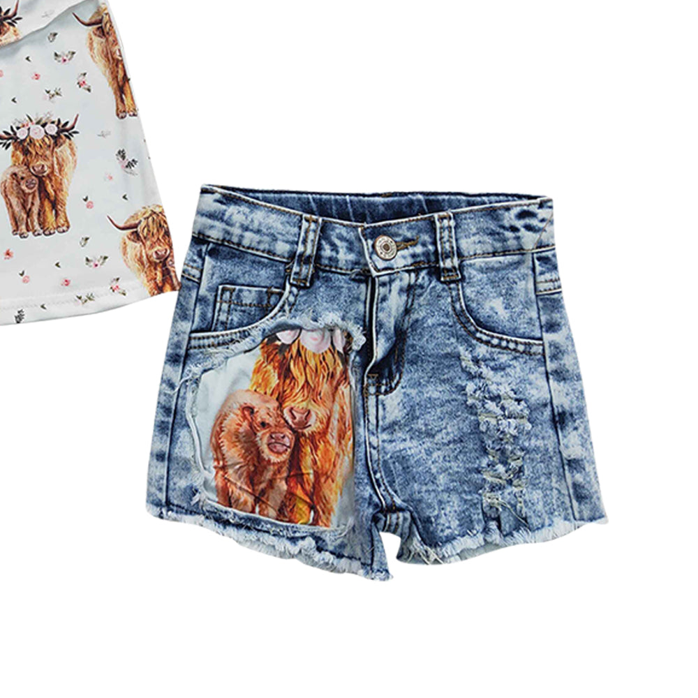 Baby Girls Cow Print Top Denim Shorts Clothes Sets