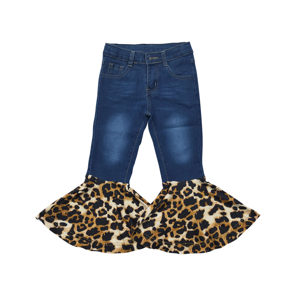 Baby Girls Denim Leopard Ruffle Bell Bottom Pants