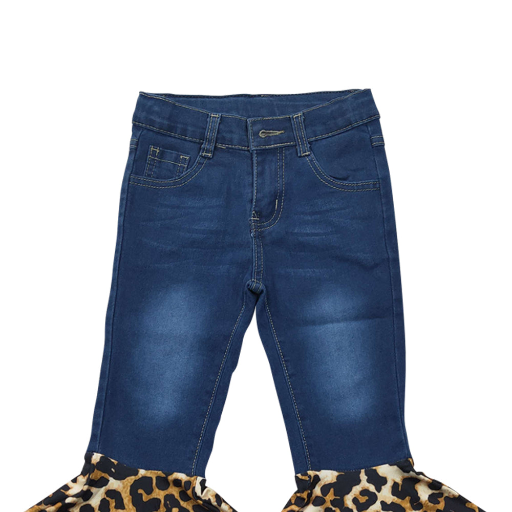 Baby Girls Denim Leopard Ruffle Bell Bottom Pants