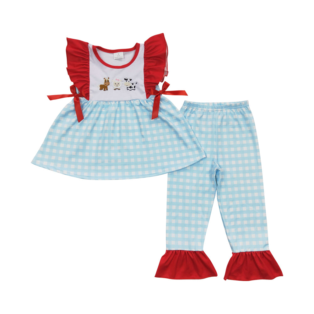 Baby Girls Cow Animal Farm Plaid Pants Clothes Sets