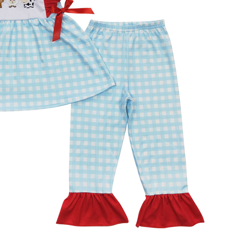 Baby Girls Cow Animal Farm Plaid Pants Clothes Sets