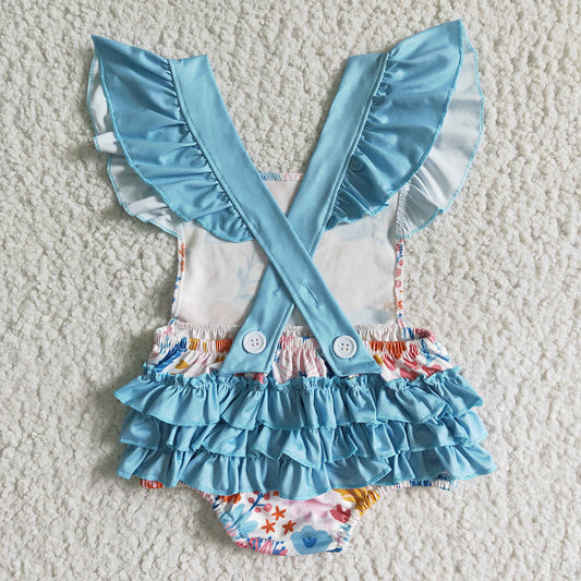 Baby girls green floral bubble ruffle rompers