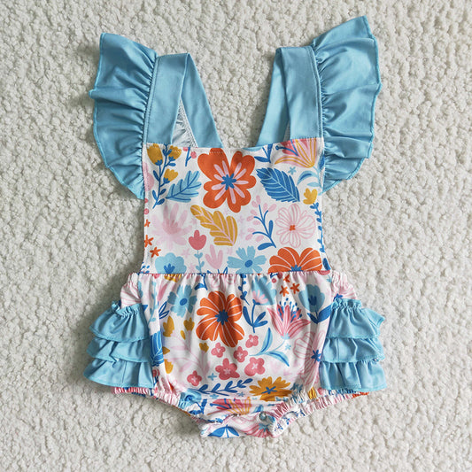 Baby girls green floral bubble ruffle rompers