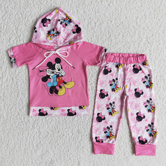 Cartoon hoodie pink pants sets