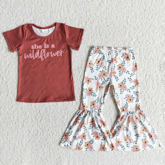 She is a wild flower baby girls bell outfits clothing sets-(can choose bow here)