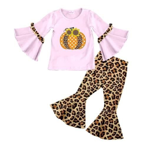 Baby girls pumpkin pink leopard ruffle pants clothing sets