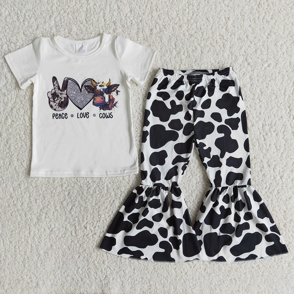 Baby girls peace love cows bell bottom pants sets