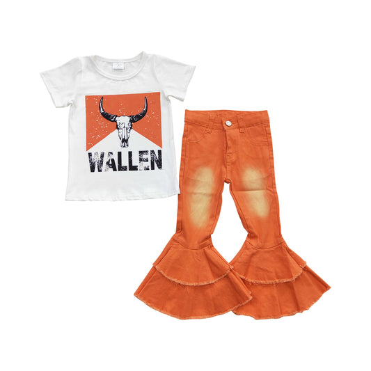 Baby Girls Cow Shirts Orange Denim Pants Clothes Sets