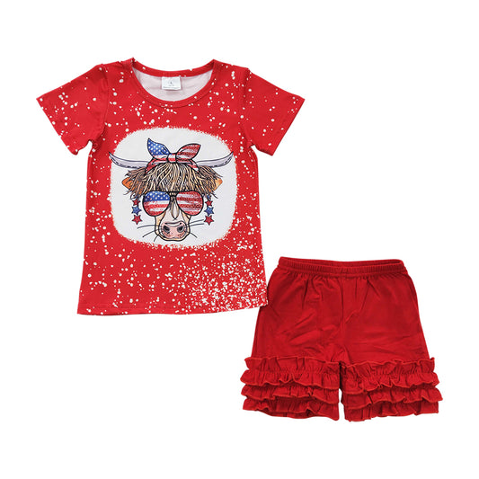 Baby Girls Western 4th Of July Cow Red Icing Shorts Clothes Sets