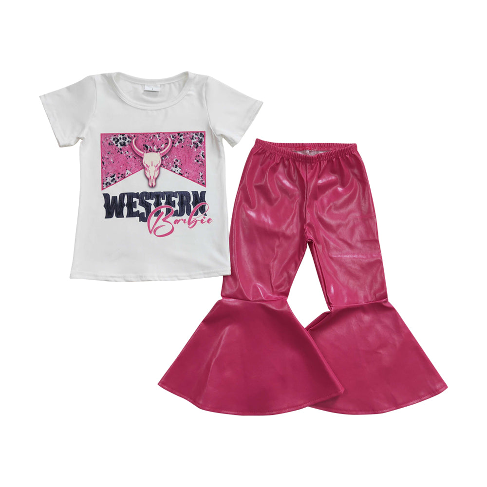 Baby Girls Western Tee Shirts Top Pleather Dark Pink Bell Bottom Pants Sets