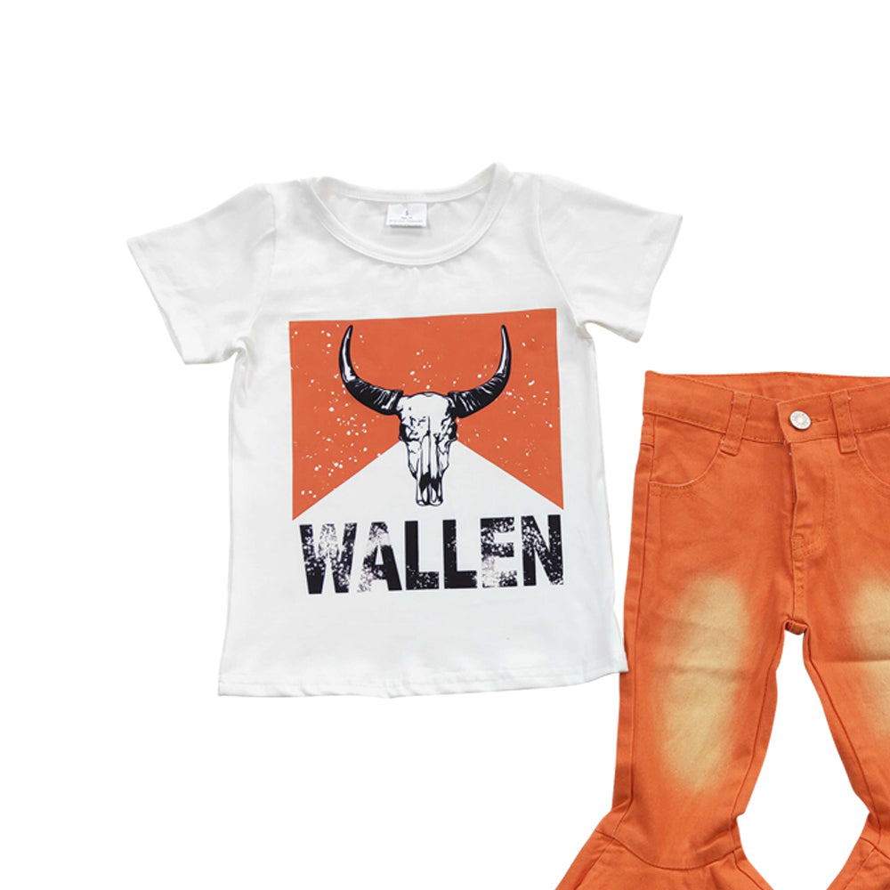 Baby Girls Cow Shirts Orange Denim Pants Clothes Sets