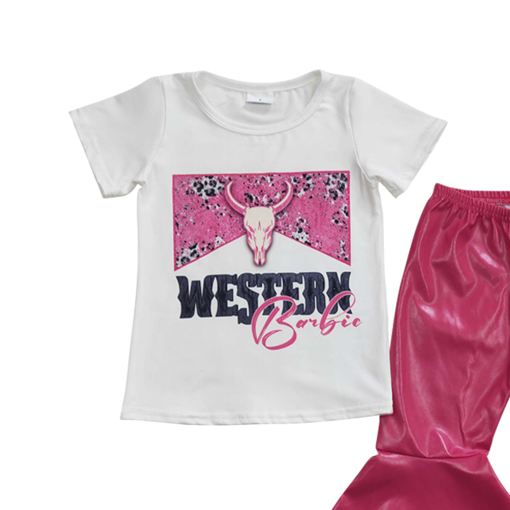 Baby Girls Western Tee Shirts Top Pleather Dark Pink Bell Bottom Pants Sets