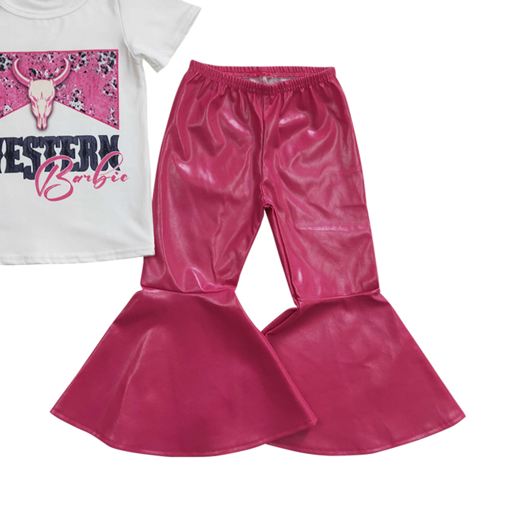 Baby Girls Western Tee Shirts Top Pleather Dark Pink Bell Bottom Pants Sets