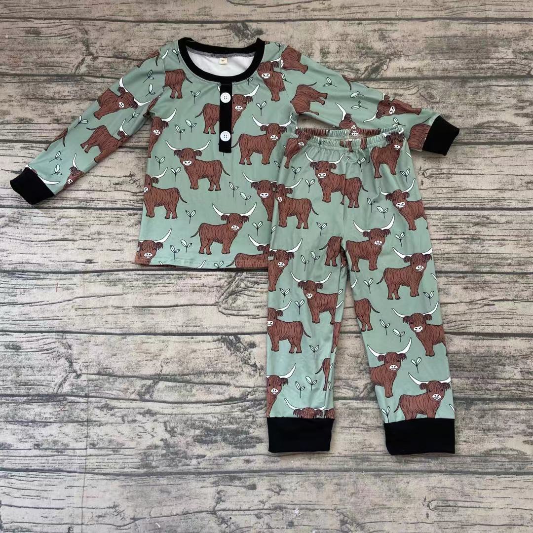Baby Boys green west highland cow fall pajamas clothes sets