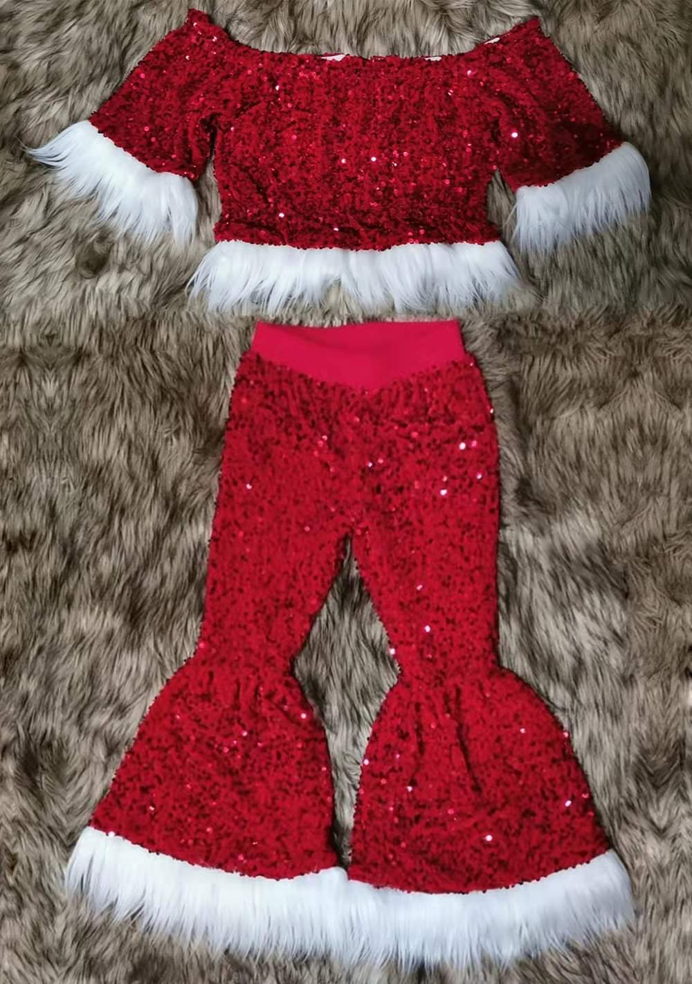 Baby Girls red Christmas sequin fur pants sets