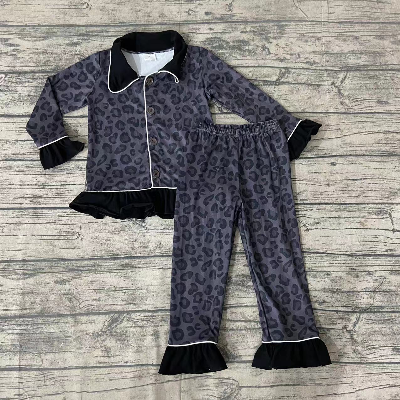 Fall baby girls children black leopard button up pants clothes pajamas sets