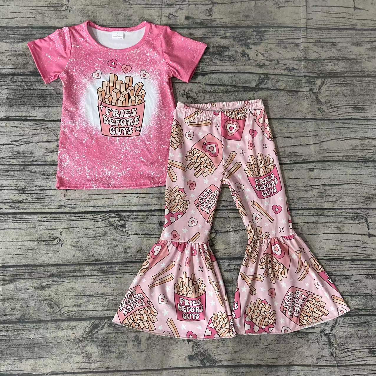Baby Girls Fries before Guys Valentines bell bottom pants sets