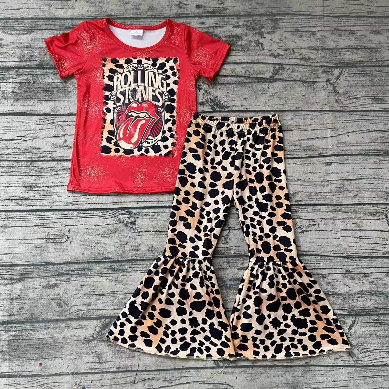 B0-1Baby girls Singer red leopard bell bottom pants sets