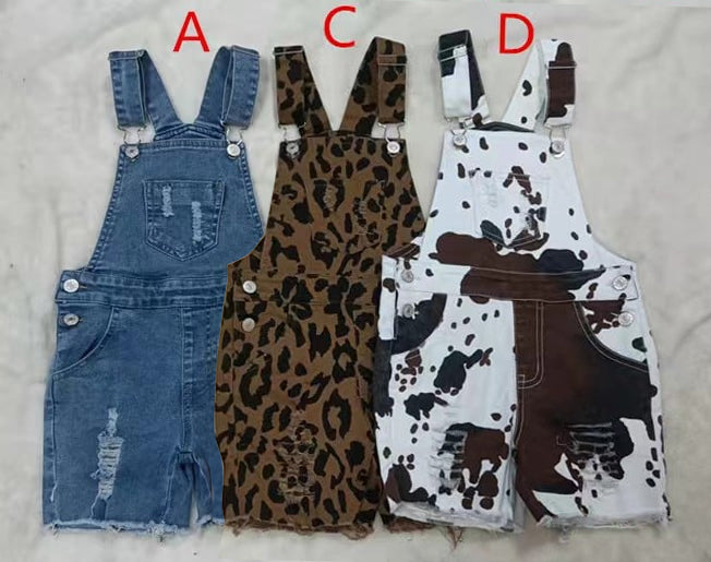 baby girls leopard summer denim shorts overall(C)