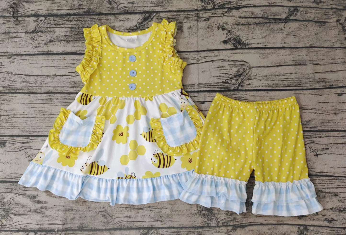 Baby girls summer honey bee ruffle shorts sets