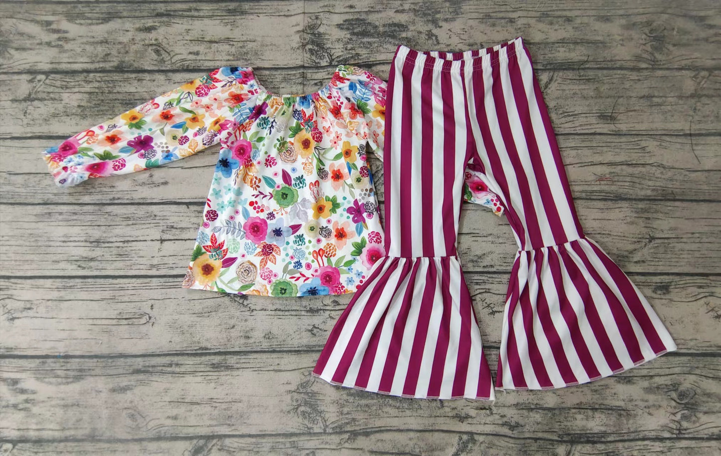 Baby Girls maroon floral stripe bell pants clothing sets