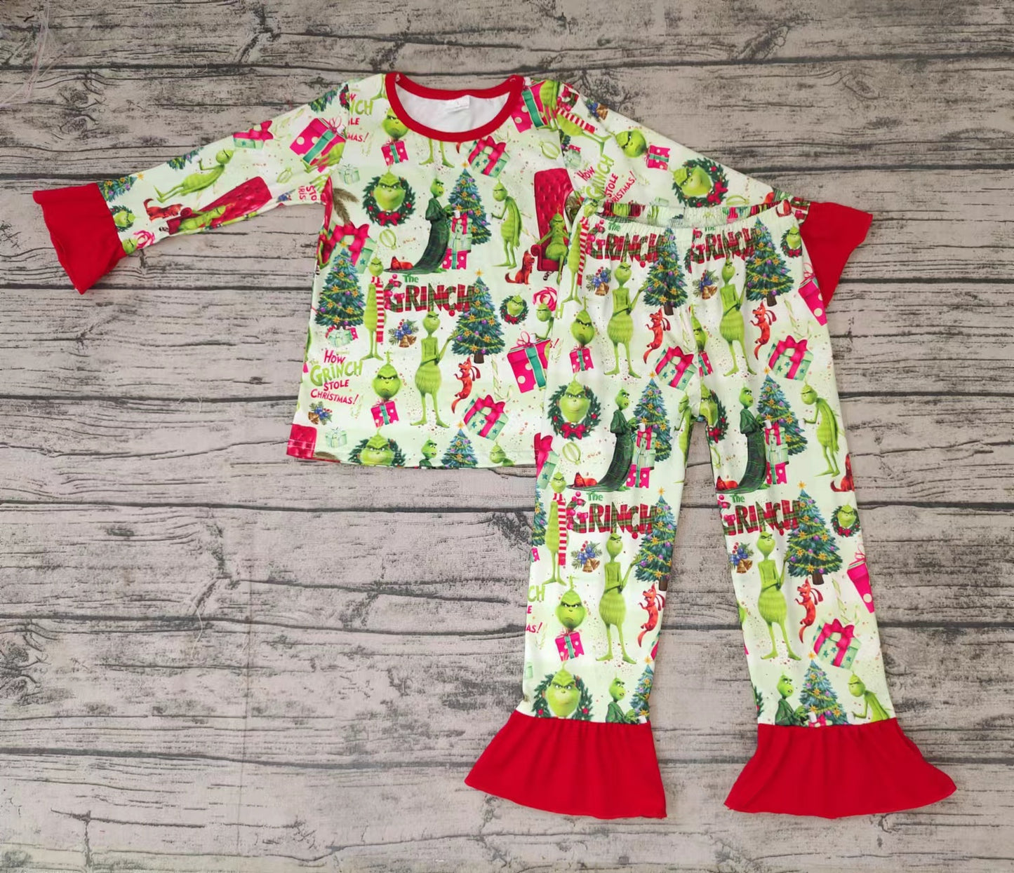 Christmas baby girls green tree pajamas legging sets