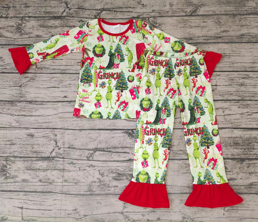 Christmas baby girls green tree pajamas legging sets