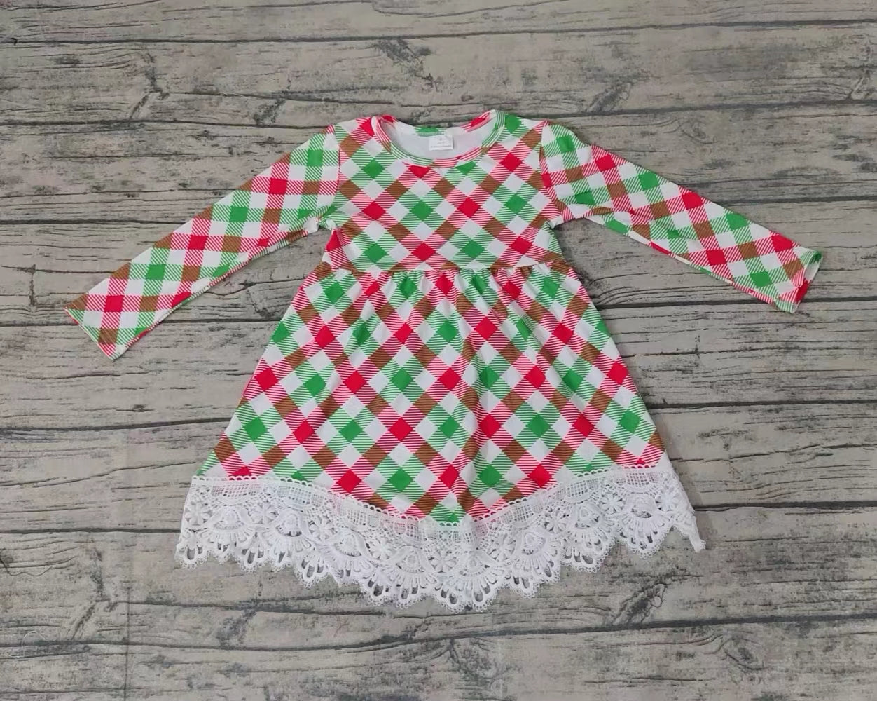 Baby girls Christmas green red plaid lace dresses