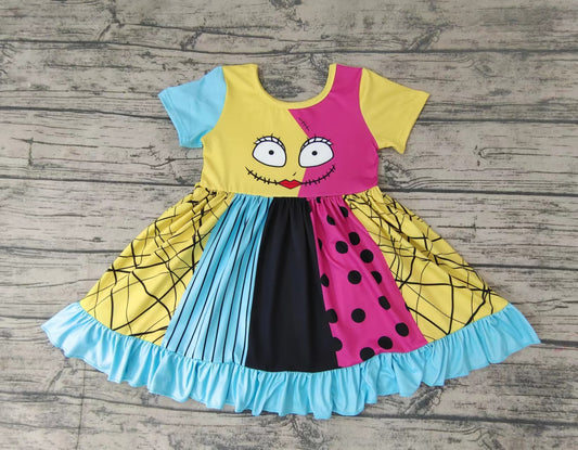 Baby girls Halloween half face flutter sleeve patchwork twirl dresses