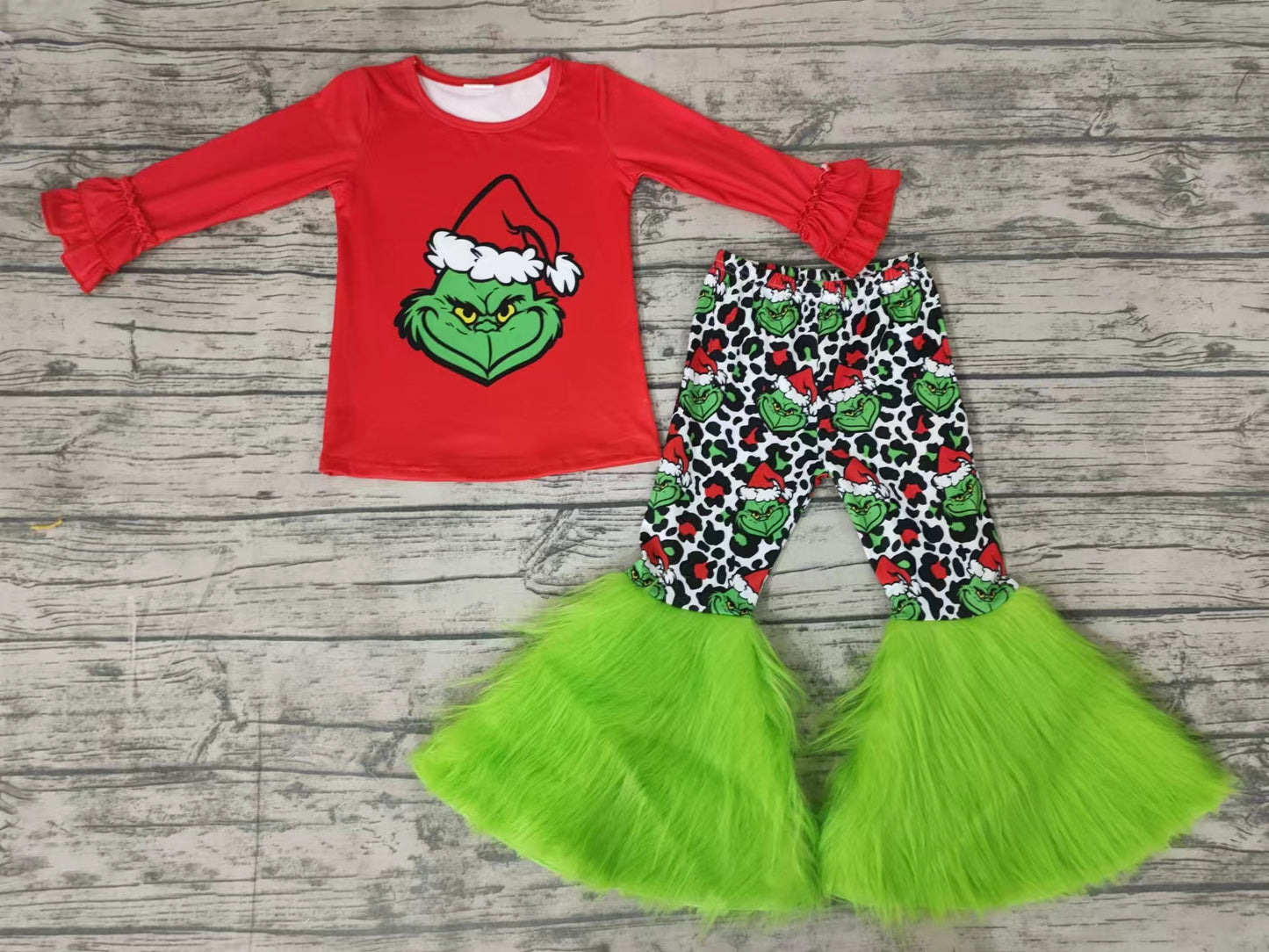 Baby girls Christmas green fur bell pants sets