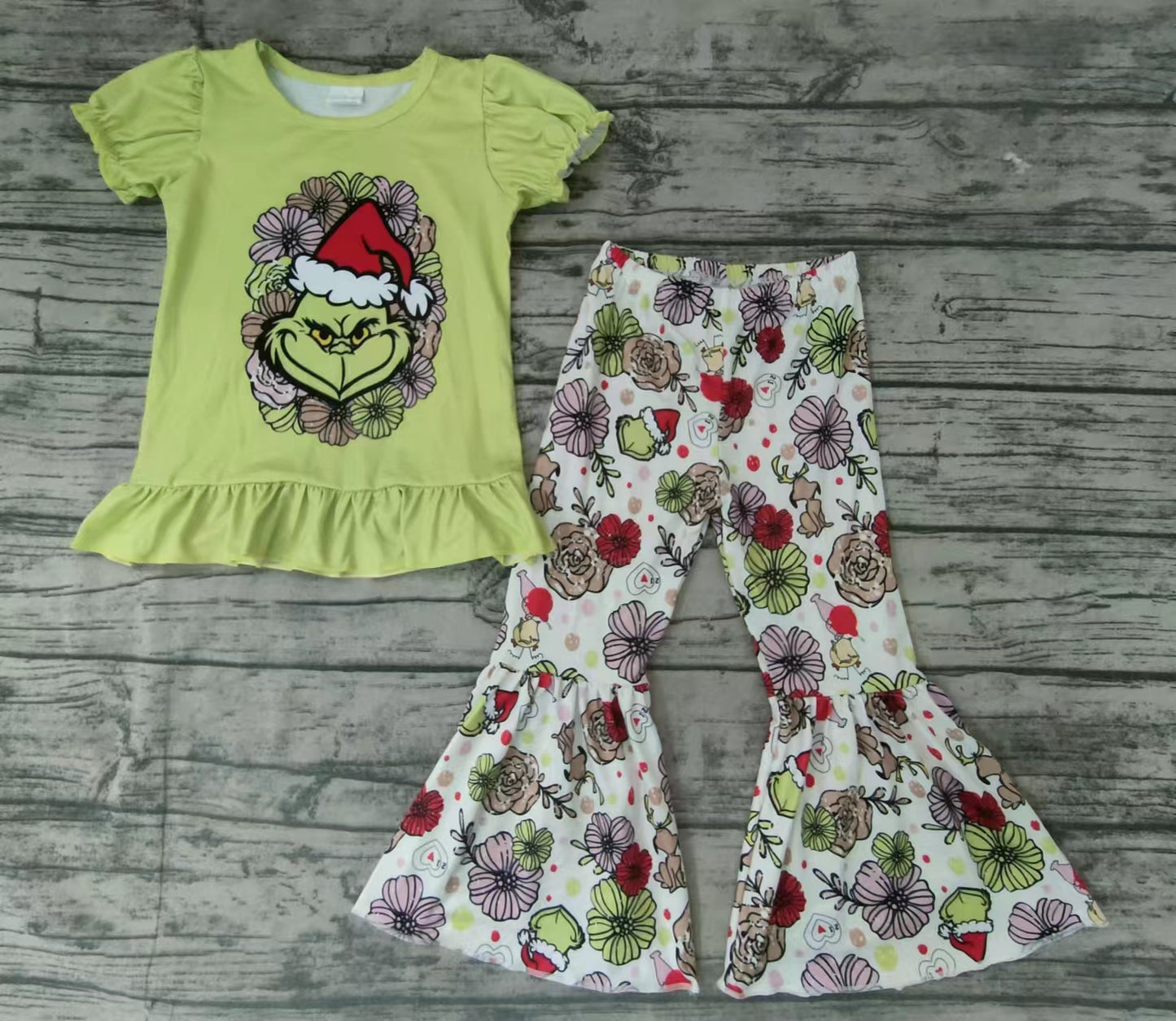 baby girls Christmas cartoon green bell pants sets