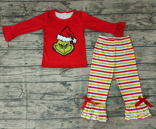 baby girls Christmas green stripe ruffle pants sets