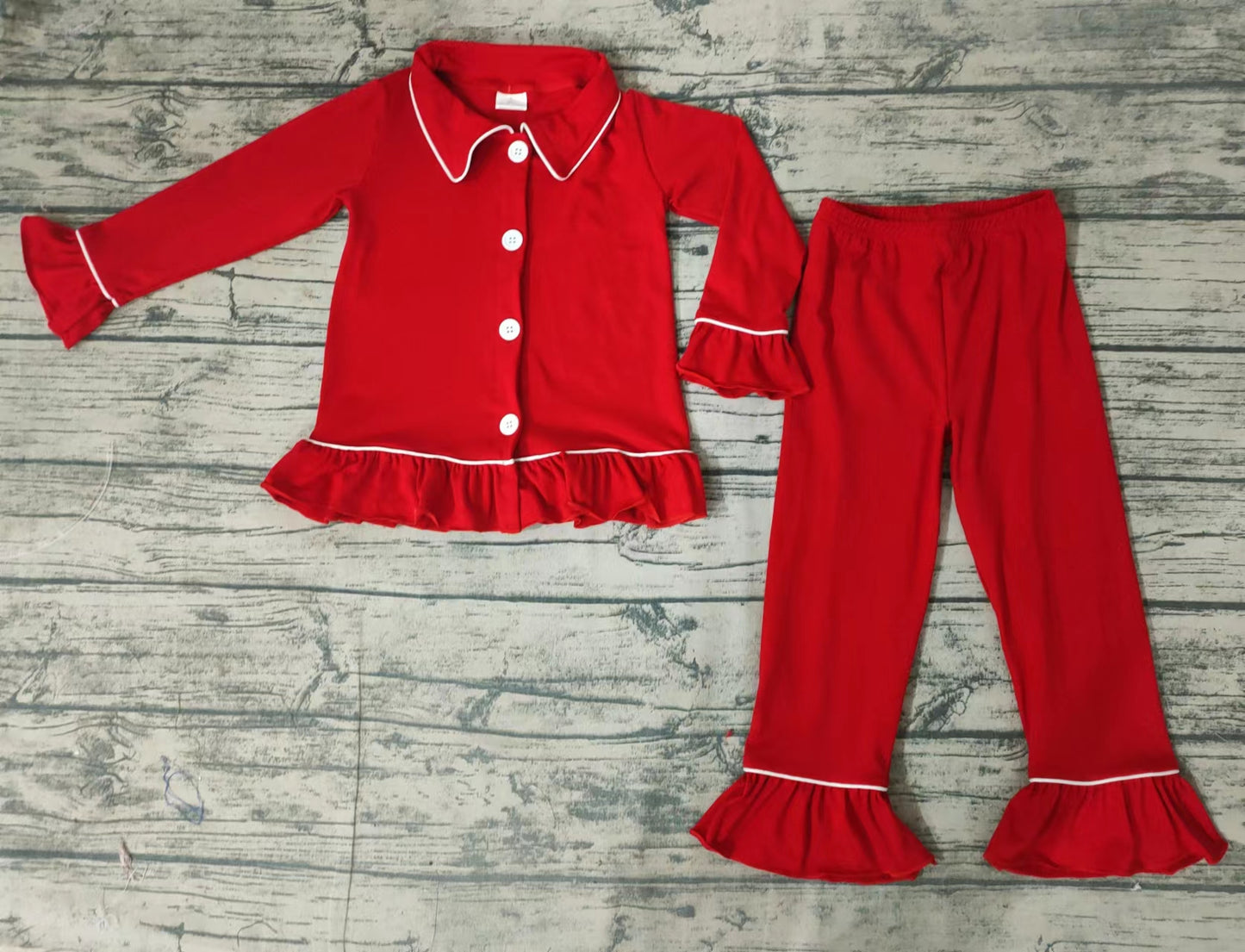 Baby girls red color cotton Christmas pajamas pants clothes sets