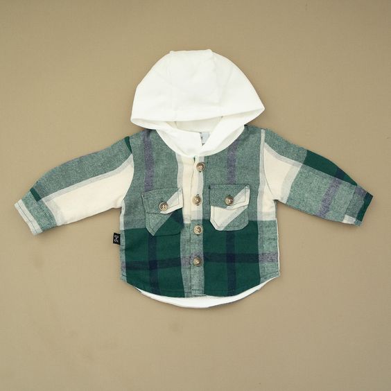 Baby kids green plaid hoodie pocket shirts Tops