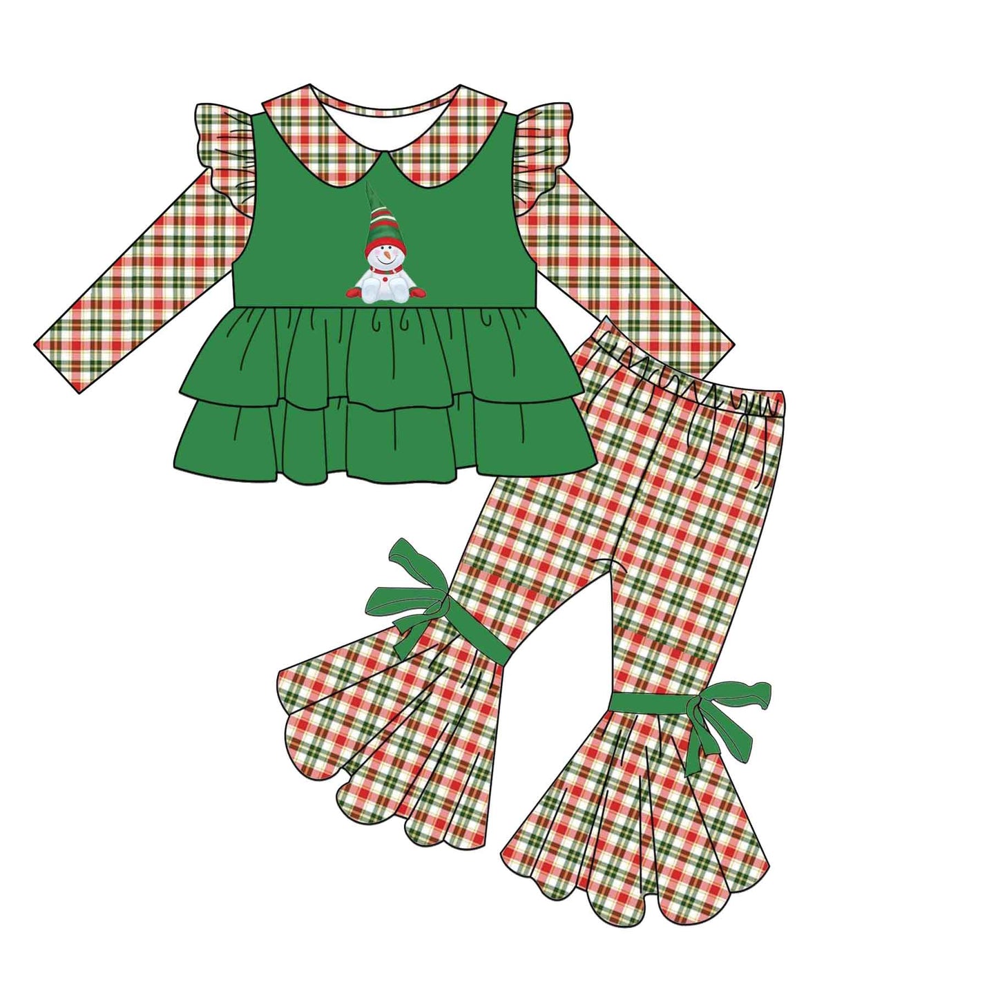 Baby girls snowman green tunic bell bottom pants clothes