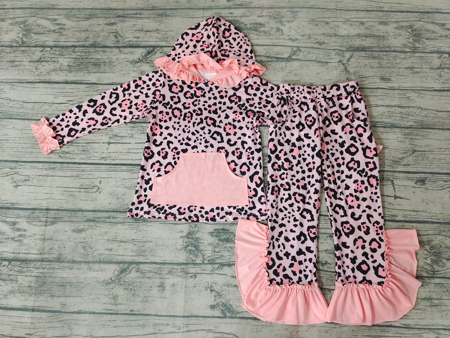 baby girls pink leopard hood top ruffle pants sets
