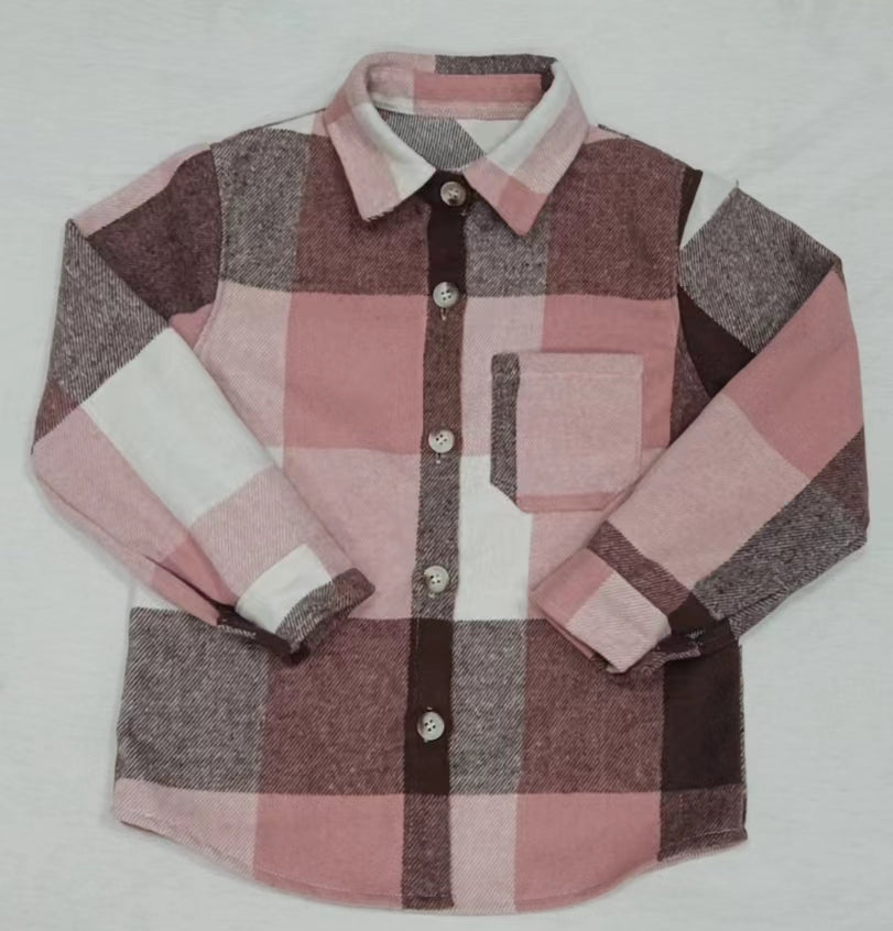 Baby Girls Pink Plaid Long Sleeve button ups Flannel shirts tops