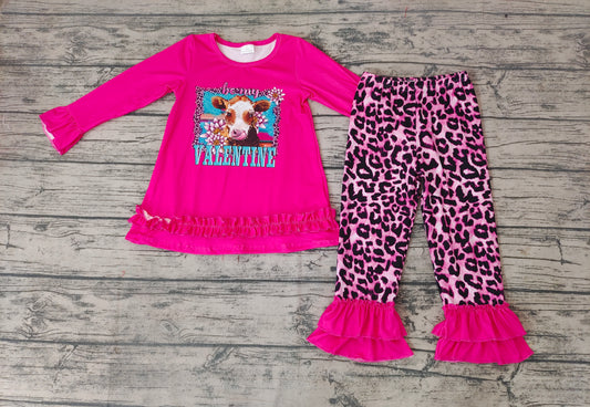 Baby girls Cow Valentines ruffle pants sets
